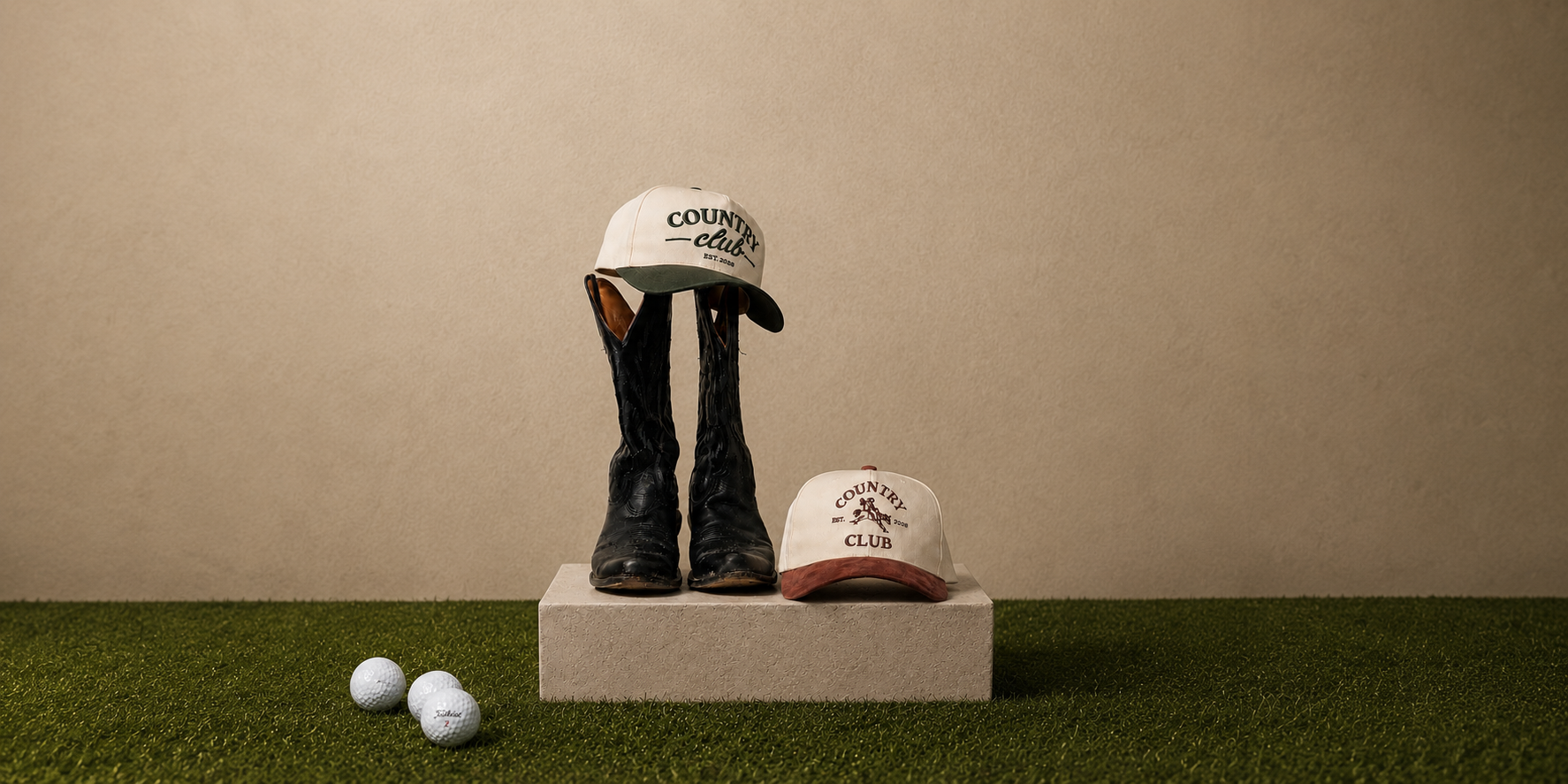 Country Club hats, boot snad golf balls on turf grass